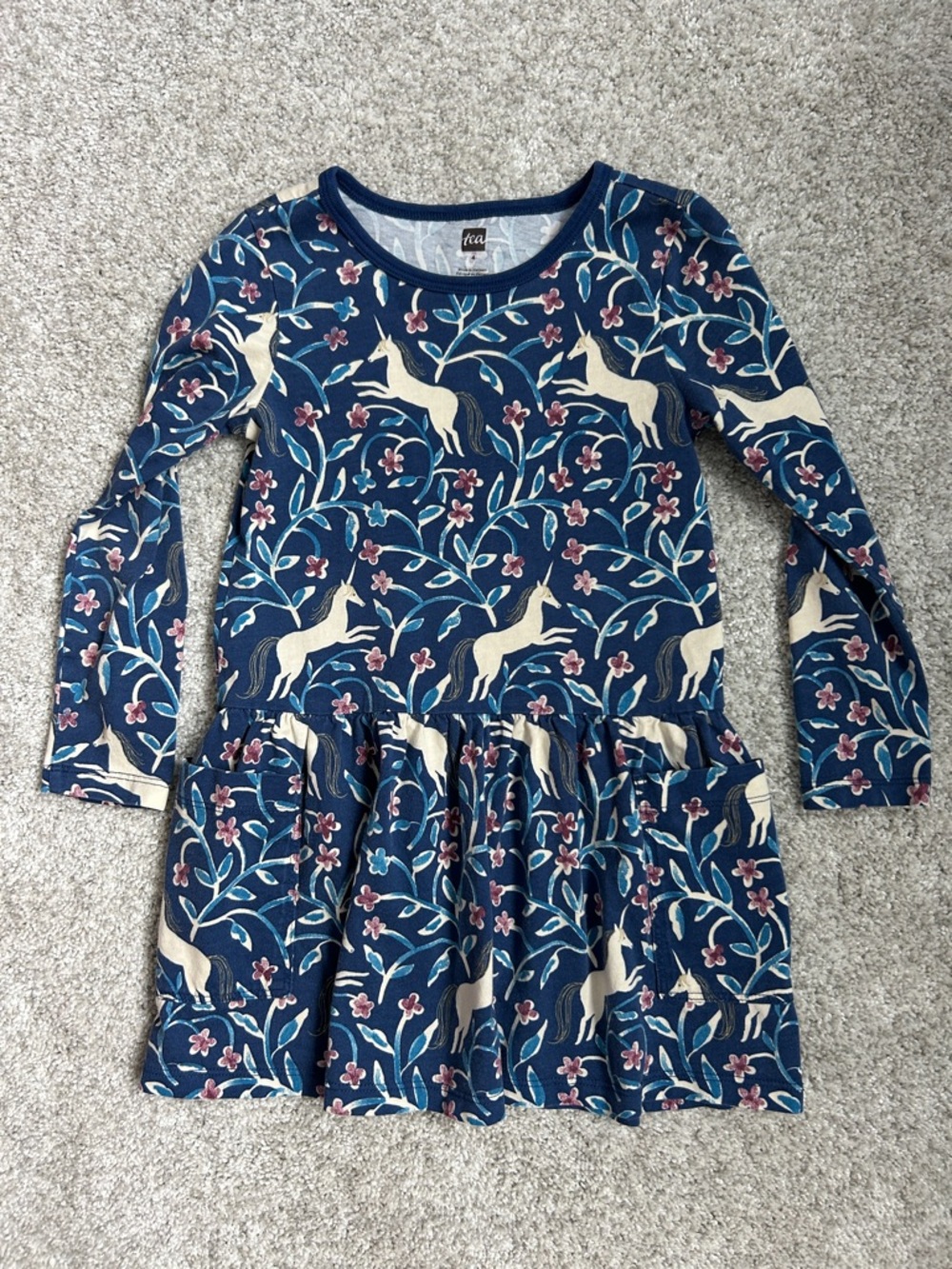 Tea Collection Navy Unicorn & Floral Long-Sleeve Girls Dress